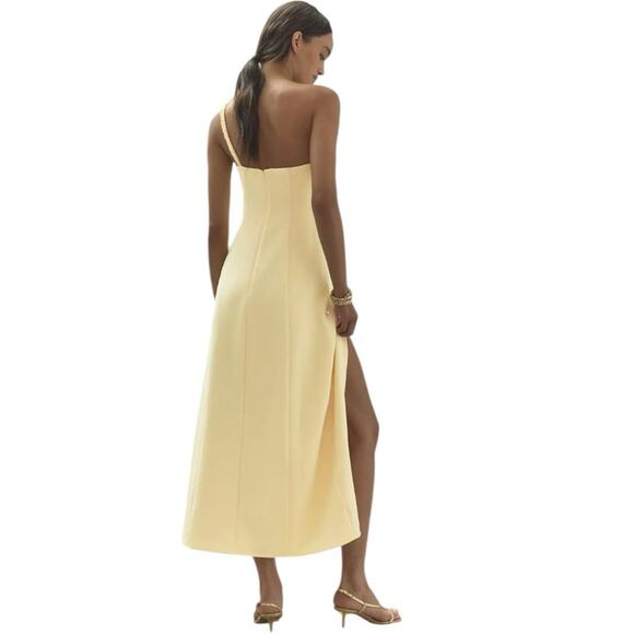 The Wolf Gang One Shoulder Rose Midi Dress with Leg Slit Yellow XL - Picture 2 of 7